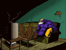 a cartoon of a purple and yellow superhero sitting on a couch in front of a television