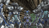 a group of robots are standing next to each other in a dark room