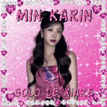 a woman in a pink dress is standing in front of a pink background with the words solo de xiare written on it .