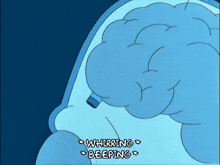 a cartoon character is whirling and beeping while holding a bottle .