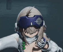 a girl with a target on her head wearing a virtual reality headset