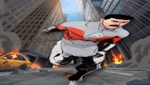 a cartoon of a man in a superhero costume running down a city street