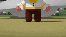 a cartoon character with a white shirt and brown pants is standing in a field