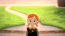 a cartoon girl with red hair is standing on a sidewalk in front of a grassy field .