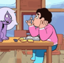 a cartoon character is sitting at a table with a purple cat and a pen in his hand .