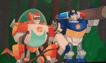 two cartoon robots are standing next to each other one is holding a log
