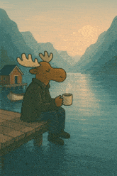 a moose is sitting on a dock with a cup of coffee