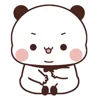 a cartoon panda bear is sitting down with his hands on his hips