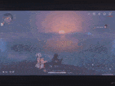 a video game screen shows a man and a woman watching the sun set