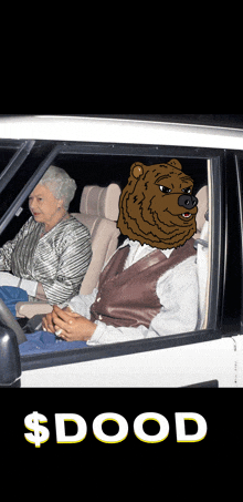 a man with a bear head is sitting next to a woman in a car