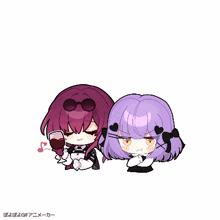a girl with purple hair is holding a glass of red wine next to another girl with purple hair