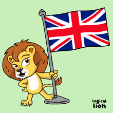a cartoon of a lion holding a british flag with the words logical lion below it
