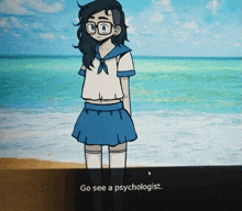 a cartoon of a girl standing on the beach with the words go see a psychologist below her