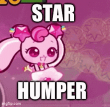 a picture of a pink bunny with the words `` star humper '' written on it