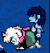a pixel art drawing of a person riding a dog .