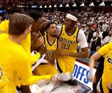 a group of basketball players wearing yellow uniforms with indiana 33 on them