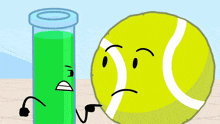 a cartoon illustration of a tennis ball and a test tube