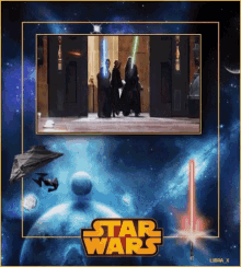 a poster for star wars with a picture of a group of people