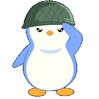 a blue and white penguin wearing a green hat with a checkered pattern