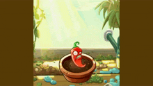 a cartoon drawing of a red pepper growing out of a pot .