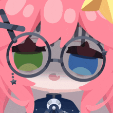 a girl with pink hair wearing glasses and a star on her head