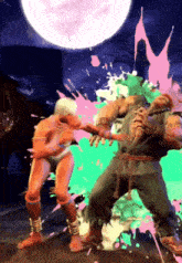 a man and a woman fighting in a video game with a full moon in the background