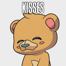 a cartoon of a teddy bear blowing a kiss with the words kisses written above it
