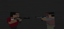 a man holding a gun with a flame coming out of the barrel