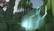 a computer generated image of a waterfall with a bench in the background