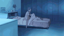a cartoon of a girl laying on a bed in a dark room