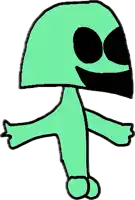 a cartoon drawing of a green alien with black eyes and a helmet .