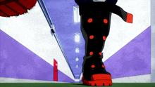 a cartoon character walking down a hallway with a red door that says n.