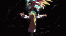 a cartoon drawing of a girl standing in front of a monster
