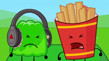 a cartoon character wearing headphones next to a bucket of french fries with a sad face