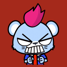 a cartoon of a bear with a mohawk and the letter e on his chest