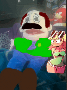 a stuffed animal with a mustache is sitting next to a picture of a girl with sunglasses