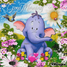 a purple elephant is sitting in a field of flowers with the words good morning written on it