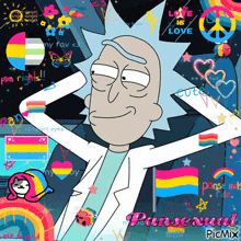 a cartoon of rick from rick and morty with pansexual flags