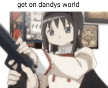 a girl from a anime is holding a gun in her hand and pointing it at the camera .