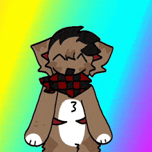 a drawing of a dog wearing a plaid scarf and the number 3 on its chest