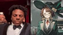 a man in a tuxedo next to a picture of a woman in a green hat