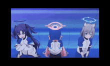 three anime characters are standing next to each other in a room with a blue background .