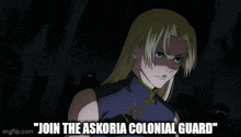 a picture of a girl with the words " join the askoria colonial guard " below her