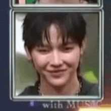 a close up of a man 's face in a frame with a smile on his face .