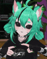 a girl with green hair and black eyes is wearing a black shirt and a choker .