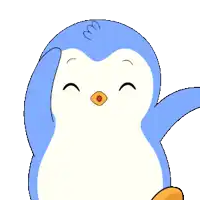 a blue and white penguin is standing in front of the word wooo