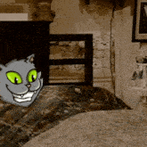 a cartoon of a cat with green eyes is laying on a bed