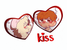a drawing of a boy kissing a dog with the word kiss below it