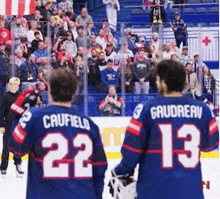 two ice hockey players are standing on the ice in front of a crowd .