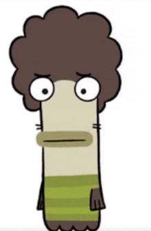a cartoon character with a brown hair and green striped pants is making a funny face .